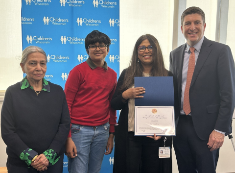 Dr. Jaya Iyer with Rep. Bryan Steil after accepting Wisconsin’s First Congressional District’s Health Care Hero certificate.